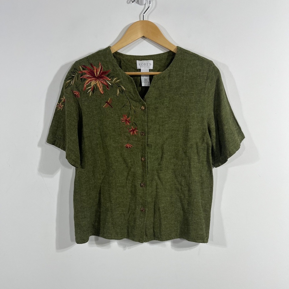 Koret VTG 90s Olive Green Linen Floral Embroidered Button Front Top Medium Boho